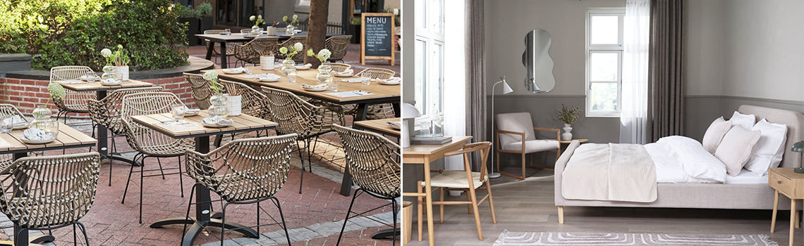 JYSK BUSINESS TO BUSINESS – pentru toate tipurile de afaceri O terasă de restaurant și un dormitor amenajate în întregime cu mobilier JYSK